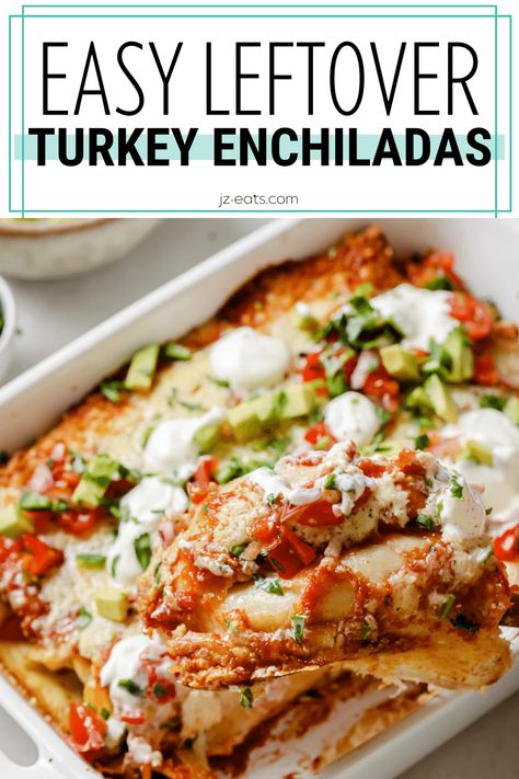 leftover turkey enchiladas in a white baking dish Smoked Turkey Enchiladas, Easy Turkey Enchiladas, Leftover Turkey Enchilada Casserole, Leftover Turkey Enchiladas Recipes, Turkey Enchiladas Leftover, Leftover Turkey Spaghetti, Turkey Receipe, Enchiladas Turkey, Leftover Turkey Enchiladas