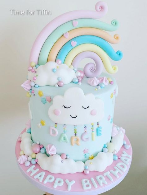 Rainbow cake for my daughters 10th birthday, I used Renshaw paste for the rainbow, marzipan clouds and sprinkletti to decorate. Gökkuşaği Pasta, Baby 1st Birthday Cake, Rainbow Unicorn Cake, 9 Birthday, Cloud Cake, Baby First Birthday Cake, Mini Torte, Bolo Minnie