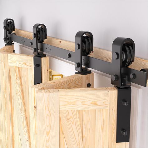 52" Bifold Barn Door Hardware Kit, black plastic spraying, thickened carbon steel, anti-skipping design, fit for 4 bifold doors. Folding Barn Door, Bifold Door Ideas, Folding Door Hardware, Sliding Barn Door Track, Build My Own House, Barn Door Locks, Modern Garage Doors, Rustic Log Furniture, Bifold Barn Doors