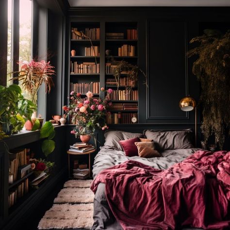 Beautiful Dark Feminine Bedroom Ideas For Every Style 14 Black Rooms With Pops Of Color, Dark And Feminine Bedroom, Moody Parisian Apartment, Different Bedroom Aesthetics Dark, Dark Feminine Decor Aesthetic, Feminine Dark Bedroom, Mantel In Bedroom, Dark Romantic Home Aesthetic, Moody Whimsical Bedroom