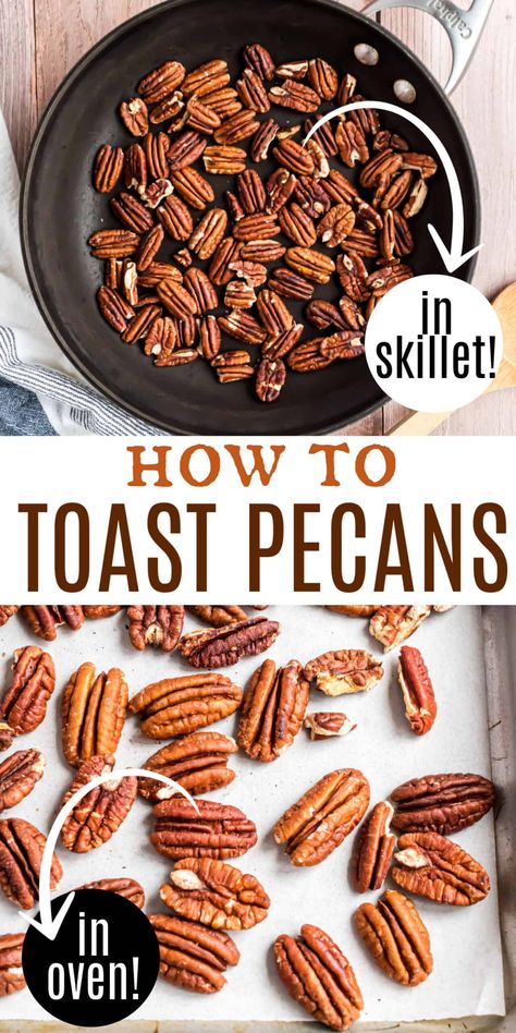 Learn how to toast pecans without burning them! Using the oven or the stove top, these methods produce pecans with a rich nutty flavor perfect for enhancing all kinds of recipes. Toasted Pecans Recipe, Roasted Pecans Recipe, Nut Dessert, Nut Butter Recipes, Flavored Nuts, Cakes And Pies, Salted Nuts, Healthy Nuts, Nut Snacks