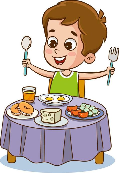 vector illustration of cute children having breakfast Eat Breakfast Cartoon, Eat Healthy Food Illustration, Yash Drawing, Breakfast Drawing, Breakfast Cartoon, Cartoons Eating, Breakfast Illustration, Breakfast Clipart, Kid Cartoon