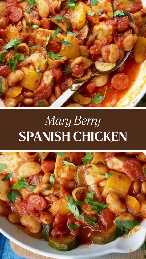 Mary Berry Spanish Chicken Spanish Chicken Casserole, Chicken And Butter Beans, Mary Berry Chicken Recipes, Chicken Bean Recipes, Recipes With Cubed Chicken, Spanish Chicken Recipe, Spanish Chicken Recipes, Rice Green Beans, Olive Oil Chicken