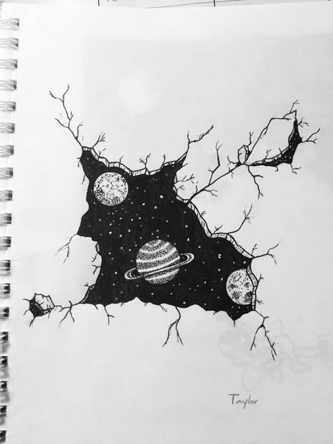 Space And Planets Drawing, Space Ink Art, Drawing Ideas Space Theme, Space Scene Drawing, Black And White Space Drawing, Surreal Drawing Ideas Creative, Lucid Dreaming Art Drawings, Space Sketch Ideas, Discover Drawing Ideas