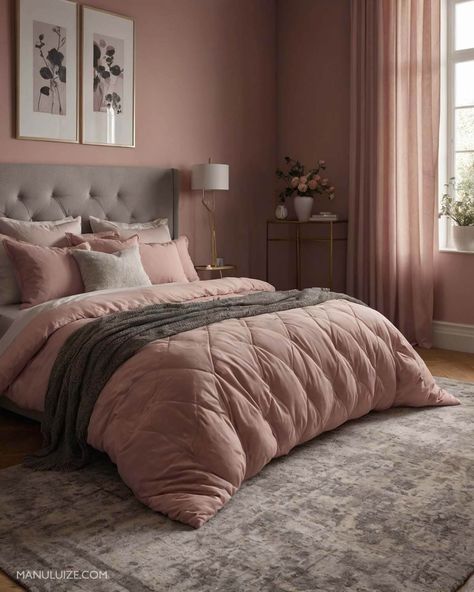 Here's a guide to incorporating dusty pink into your bedroom decor with 35 modern bedroom decor ideas to surprise you! #pinkbedroom #interior Ideas for: light pink bedrooms, grey and pink bedroom ideas, blue and pink bedroom, green and pink bedroom, pink bedroom aesthetic, white and pink bedroom, pink bedroom ideas, black and pink bedroom, girly pink bedroom, pink bedroom decor, sage green and pink bedroom, blush pink bedroom, dusty pink bedroom. Pink And Tan Bedroom Ideas, Dusky Pink Bedroom Ideas, Blush Bedding Bedroom Ideas, Dusty Pink And Grey Bedroom, Bedroom Ideas Black And Pink, Bedroom Dusty Pink, Muted Pink Bedroom, Bedroom Green And Pink, Pink Adult Bedroom