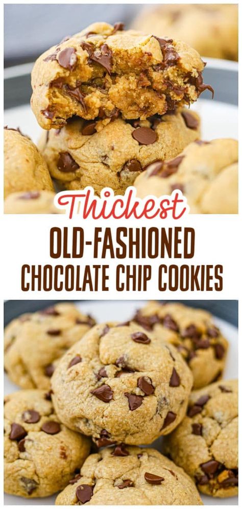 Craving a nostalgic treat that satisfies your sweet tooth? You'll love these Thick Old-Fashioned Chocolate Chip Cookies! Bursting with flavor and oozing with chocolate chips, it's the perfect recipe for a comforting, homemade dessert. Get ready to bake your way to the tastiest cookies you've ever made! How To Make Thick Chocolate Chip Cookies, Types Of Chocolate Chip Cookies, Soft Cakey Chocolate Chip Cookies, Thick Fluffy Chocolate Chip Cookies, The Best Chocolate Chip Cookie Recipe, Scratch Cookie Recipe, Old Fashion Chocolate Chip Cookies, Chocolate Chip Cookies No Baking Soda, Chocolate Chip Cookie Recipes Homemade