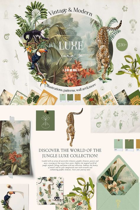 Jungle Luxe Watercolor Tropical Collection Graphics - Grafik Yeah! Jungle Packaging, Tropical Packaging, Animal Moodboard, Botanical Graphic Design, Graphic Elements Design, Tropical Moodboard, Watercolor Graphic Design, Graphic Design Inspiration Branding, Watercolor Packaging