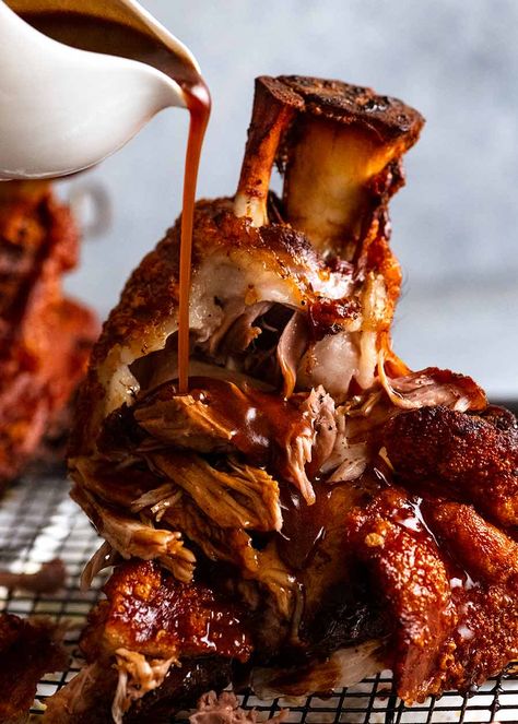 Photo of pouring beer gravy over German Pork Knuckle (Schweinshaxe) with ultra Crispy Skin Pork Knuckle Recipe, German Pork Knuckle, Beer Gravy, Pork Shanks Recipe, German Food Authentic, Pork Knuckle, Pork Hock, Kosher Cooking, Food Fails