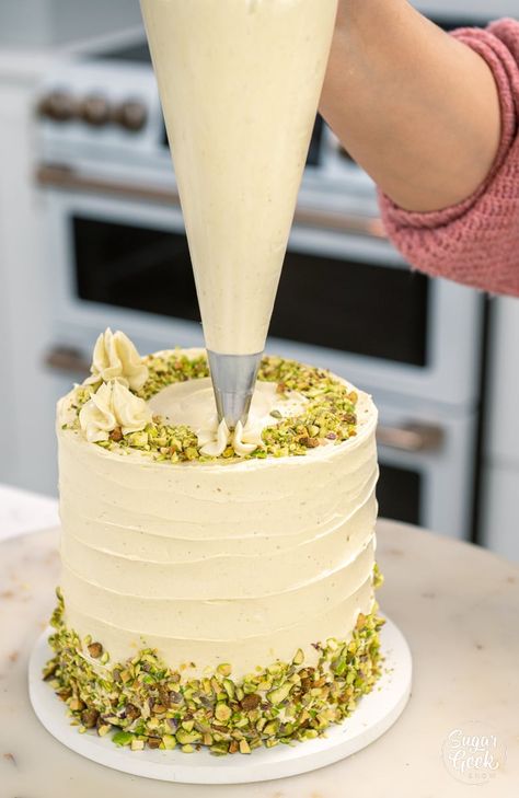 Pistachio Cake with Raspberry Filling and French Buttercream – Sugar Geek Show Pistachio Cake With Raspberry Filling, Birthday Cake Pistachio, Raspberry And Pistachio Cake, Pistachio Wedding Cake, Pistachio Birthday Cake, Pistachio Cake Decoration, French Birthday Cake, Pistachio Cake Design, Pistachio Cake Filling