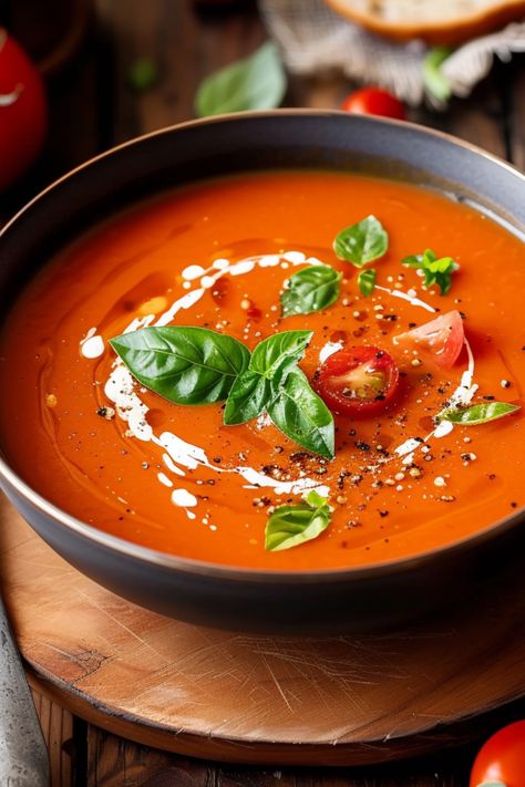 Enjoy a creamy, hearty tomato soup recipe, an easy and quick homemade from scratch meal. Ideal for any diet, it combines the best of pantry essentials, canned and fresh tomatoes, with a hint of basil. Healthy and simple, it's suitable for any cookware method, including Crock Pot, instant pot, slow cooker, or stove top. Check out this tomato soup recipe and more soup recipes at simplycalledfood.com. Tomato Soup Photography, Soup Pictures, Soup Food Photography, Starter Soup, Hearty Tomato Soup, Tomato Soup With Fresh Tomatoes, Tomato Soups, Tomato And Basil Soup, Tomatoes Soup