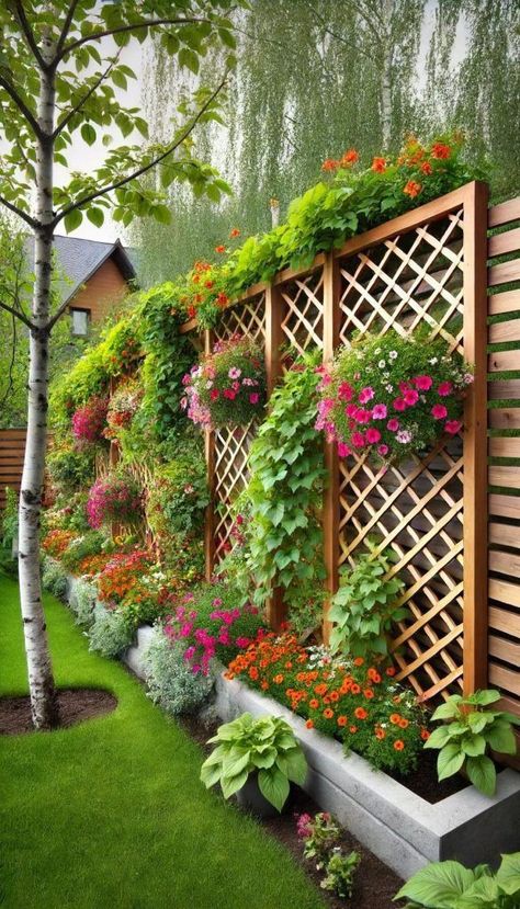 Old Doors and Windows: Create a unique privacy screen using old doors or windows. Lattice Panels: Install lattice panels and let climbing plants grow over them. Vertical Gardens  Green Walls: Create a vertical garden using inexpensive materials like pallets or hanging pots. Trellis with Vines: Install a trellis and grow vines to cover it. Hashtags for Garden Privacy Ideas  #GardenPrivacy #DIYGarden #BudgetGarden #OutdoorLiving #GardenDesign #UrbanGarden #GreenThumb #GardenInspiration #PrivacyScr Sloped Backyard Fence, Fence Around House Ideas, Lattice On House Exterior, Garden Fence Decoration Ideas, Fence On Wall, Fence Garden Ideas, Garden Fencing Ideas, Garden Wall Ideas, Lattice Garden