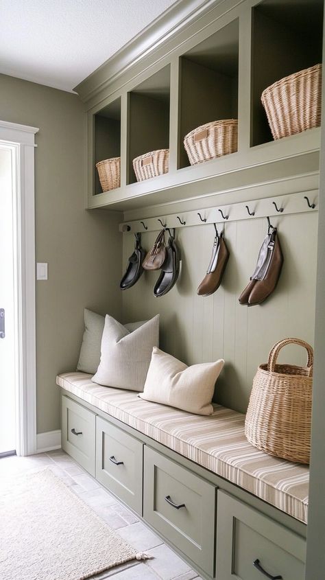 Transform your mudroom into a Virgo's dream space! 🌿✨ Enjoy streamlined built-in storage, a neat shoe organizer, and labeled hooks that keep everything in place. With cozy bench seating and calming wall colors, achieve harmonious organization and serenity in style! 🏡🔍💚 Entry Way Built In With Bench, Mud Room With Seating, Shoe Bench Built In, Mud Room Storage With Bench, Mudroom Bench With Cubbies, Corner Bench With Shoe Storage, Mud Room Seat, Bench And Cubbies Entryway, Mushroom Bench Ideas