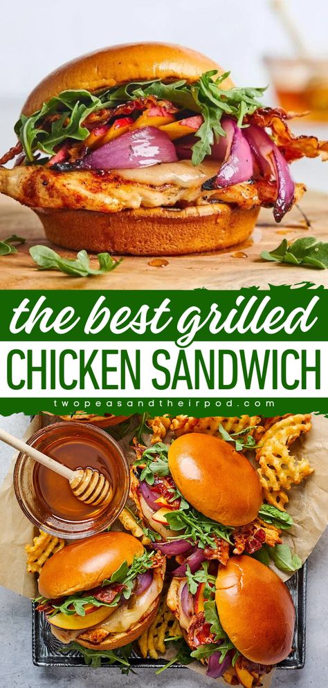 Here's a delicious summer grilling idea for you! This Grilled Chicken Sandwich starts with grilled chicken on a bun with cheese, bacon, and more! It also makes the best 4th of July recipe or Father's Day dinner idea! Grilled Chicken Recipes Sandwich, Grilled Chicken Sliders Recipes, Grilled Chicken For Sandwiches, Game Day Chicken Recipes, Air Fryer Grilled Chicken Sandwich, Lunch Grill Ideas, Saturday Night Grilling Ideas, Chicken Sandwich Dinner Recipes, Chicken Dinner Recipes Summer