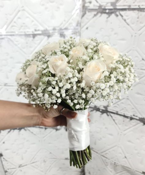 Prom Flowers Bouquet White Dress, White Roses Baby’s Breath Centerpiece, Classic Wedding Bouquet White Flowers, Bridal Bouquet Roses And Baby’s Breath, Fresh Flower Bouquet For Bride, Courthouse Wedding Flower Bouquet, Rose And Babysbreath Bouquet, White Flowers For Prom, Prom Bouquet White Roses