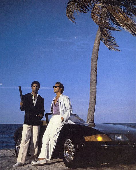 Miami Vice; Don Johnson and Philip Michael Thomas; premiered September 16, 1984; NBC. Miami Vice Ferrari, Crockett And Tubbs Miami Vice, Miami Vice Don Johnson, Don Johnson Miami Vice, Michael Thomas, New Retro Wave, Don Johnson, Military Photos, Miami Vice