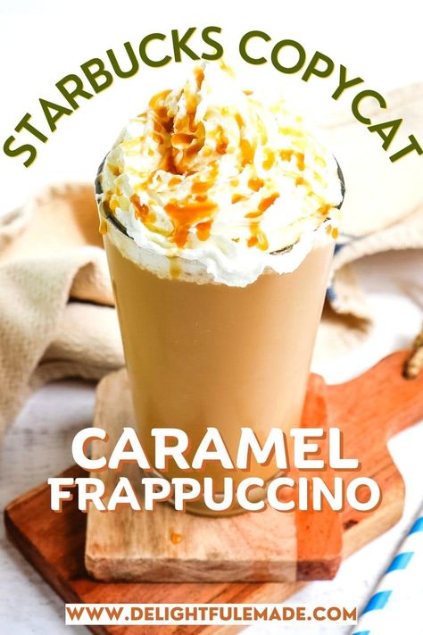 Starbucks Caramel Frappuccino Recipe | Delightful E Made Starbucks Caramel Frappe Recipe, Caramel Machiatto Frappe, Copycat Starbucks Caramel Frappuccino, Carmel Frappe Recipes, Iced Caramel Frappe Recipe, How To Make Caramel Frappe At Home, Homemade Caramel Frappe, Frappuccino Recipe No Coffee, Caramel Frappe Recipe Starbucks