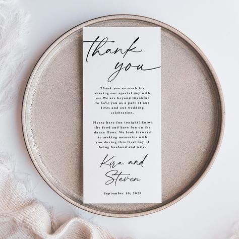 Wedding table thank you cards for the table at the wedding reception for a modern wedding. It is printed for you in black and white with a gorgeous script font.  Size: 3.7 x 9 inches Paper: thick, matte white, 130 lbs. Card Backs: white Wording: Please put the wording you would like in the box, during checkout, and we'll email you a proof. Proof: Emailed within 24 hours of your purchase. Unlimited free edits to the proof with your personal invitation designer. Sent to printer after your proof ap Thank You Cards Wedding Reception, Thank You Cards For Wedding, Wedding Thank You Ideas, Thank You Note For Wedding Guests, Wedding Reception Black And White, Reception Black And White, Simple Wedding Table, Reception Designs, Free Edits