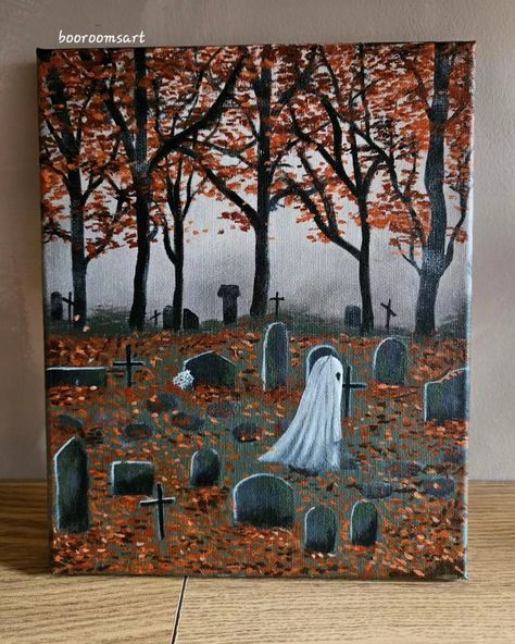 Ghost in graveyard Halloween Canvas Paintings, Halloween Canvas Art, Fall Canvas Painting, Canvas For Beginners, Halloween Artwork, Cute Canvas Paintings, Easy Canvas Art, Canvas Painting Designs, Halloween Painting