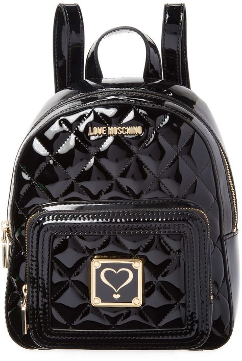 Love Moschino Women's Varnished Quilted Backpack Love Moschino Backpack, Moschino Backpack, Backpacks Black, Dolly Fashion, Quilted Backpack, Street Style Edgy, Swag Bag, Zipper Bag, Bag Style