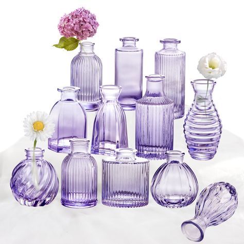 PRICES MAY VARY. 💜[Purple Glass Vases Set of 12] - The small purple vase in bulk come with 12 different designs of ribbed glass vases for flowers (please refer to the size chart). They are cute bud vases for decor. The romantic purple collections offer a variety for small arrangements, add an extra pretty cute touch to anywhere, especially for wedding centerpieces. 💜[Purple Vase for Wedding Centerpieces] - These vintage glass vases are perfect wedding decoration vases for single flower arrange Floating Candles With Purple Flowers, Mason Jar Flower Centerpieces Purple, Gold And Purple Vase, Lavender Baby Shower Centerpieces With Tea Lights, Wild Flower Wedding Theme Centerpieces, Bridal Bouquetr Purple, Silver Grey Rose Gold Purple, Vases In Bulk, Tall Glass Vase With Wildflowers Ans Willow