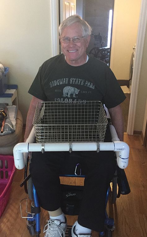 Carrying tools around is easier since Skip Lonie crafted this tool basket. Adaptive Equipment Diy Homemade, Wheelchair Basket, Walker Bag Tutorial, Wheelchair Hacks, Adaptive Equipment Diy, Adaptive Devices, Thesis Ideas, Accessible House, Adaptive Tools