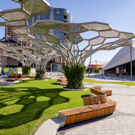 Adelaide Festival Plaza Arbours | Fleetwood Urban Park Plaza Design, Plaza Design Architecture Public Spaces, Hexagon Landscape Design, Entry Plaza Design, Community Garden Design Architecture, Public Realm Design, Shopping Plaza Design, Public Plaza Design, Plaza Landscape Design