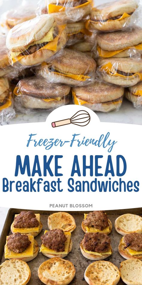 Frozen Breakfast Sandwiches Easy Pre Made Breakfast Ideas, Pre Make Breakfast Sandwiches, Egg Freezer Breakfast, Breakfast Ideas That Can Be Frozen, Freezing Breakfast Sandwiches, Oven Breakfast Sandwiches, Freezable Breakfast Sandwiches English Muffins, Pre Made Breakfast Sandwiches, Freeze Ahead Breakfast Sandwiches