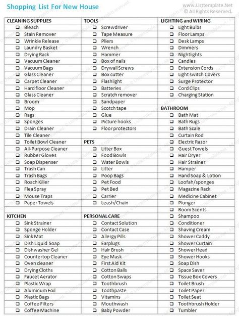 List Of Household Items For New House, New House Shopping List, First Home Checklist, Shopping List Template, House Checklist, New Home Essentials, First Apartment Essentials, New Home Checklist, House Shopping