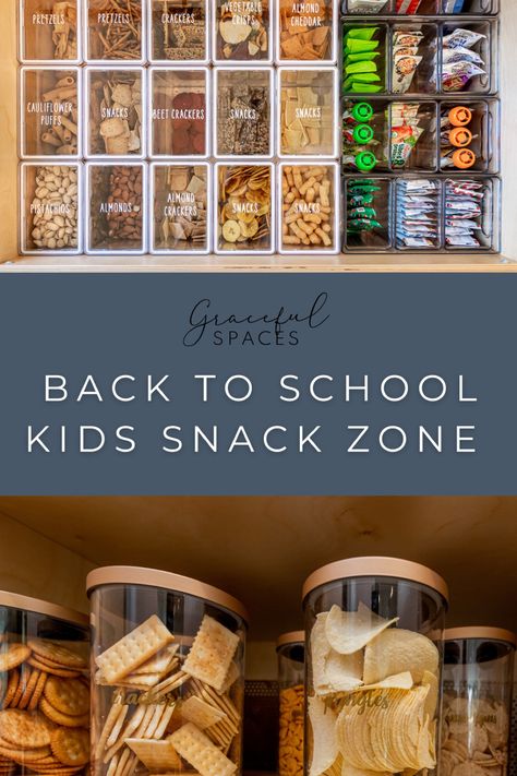 Snack Food Organization, Snack Drawers In Pantry, Cracker Organization, Snacks Corner Ideas, Kitchen Snack Storage Ideas, Cracker Storage Ideas, Snack Organization Ideas Small Space, Snack Cupboard Organization, Snack Corner Ideas