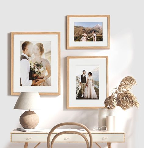 Two Picture Frames On The Wall, Wall Art Wedding Photos, Ideas To Display Wedding Photos At Home, Wedding Photos On Wall Display, Framed Wedding Pictures On Wall, Photo Frame Ideas In Bedroom, Decorate With Wedding Photos, Framed Engagement Photos, Wedding Pics Home Decor