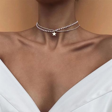 Necklace Choker Silver Gold Rhinestone Faux Pearls Woman Double Layer Vintage UK Choker Silver, Crystal Choker Necklace, Costume Jewelry Necklaces, Chain Silver, Crystal Choker, White Necklace, Pearl Types, Gold Rhinestone, Necklace Choker