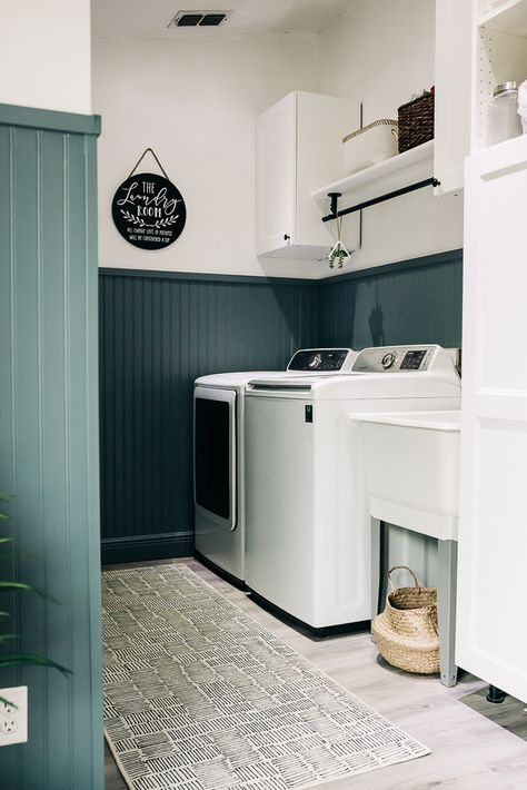 Mudroom/Laundry Room | Crazy Life with Littles - DIY & Home Decor Laundry Room Batten Board, Board And Batten Laundry Room Ideas, Bead Board Walls Hallway, Board And Batten With Beadboard, Bead Board Laundry Room Walls, Bead Board Laundry, Farmhouse Beadboard Walls, Painted Beadboard Bathroom, Board And Batten Laundry Room