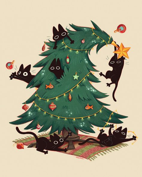 cute cat christmas tree postcard card funny mess adorable digital illustration festive card postcard design by chetom Sony Cat, Cute Christmas Wallpaper, Christmas Card Art, 카드 디자인, Christmas Drawing, Dessin Adorable, Christmas Illustration, Cat Wallpaper, Cat Illustration