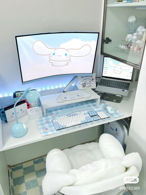 Cinnamoroll Desk Setup, Cinnamoroll Pc Setup, Cinnamoroll Gaming Setup, Pastel Blue Gaming Setup, Cinnamoroll Setup, Light Blue Gaming Setup, Blue Pc Setup, Cinnamoroll Desk, Cinnamoroll Room