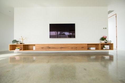 Timber joinery project - Connewarre Timber Tv Unit, Hanging Tv On Wall, Floating Tv Cabinet, Recycled Timber Furniture, Timber Kitchen, Floating Tv, Floating Cabinets, Living Room Tv Unit, Custom Furniture Design