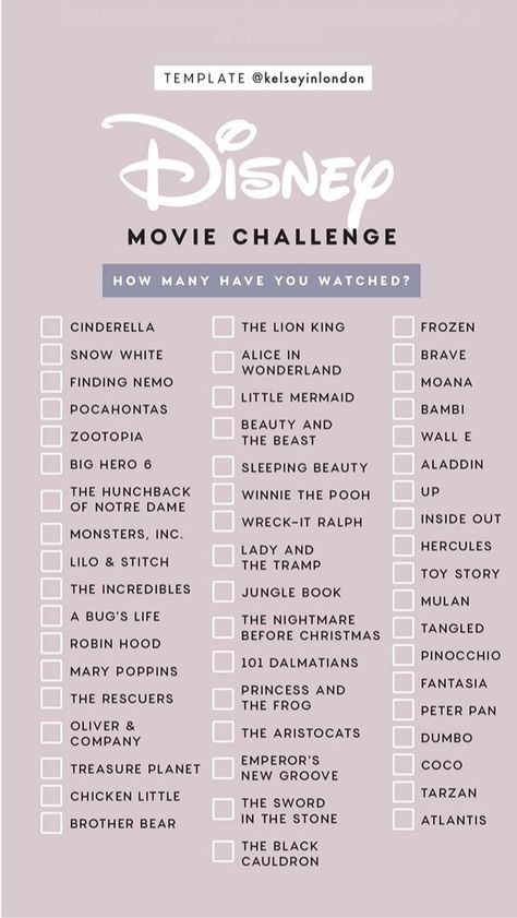 The Disney Movie Challenge checklist. How many have you watched? Disney Movie Challenge, Bucket List Movie, Disney Movie Marathon, Movie Challenge, Disney Movies List, Netflix Movies To Watch, Friend Stuff, Disney Movies To Watch, Good Movies On Netflix