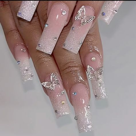 Quinceanera Nails, Butterfly Nail Designs, Girly Acrylic Nails, Really Cute Nails, Unique Acrylic Nails, Pink Nail, Butterfly Nail, Pink Acrylic Nails, Prom Nails