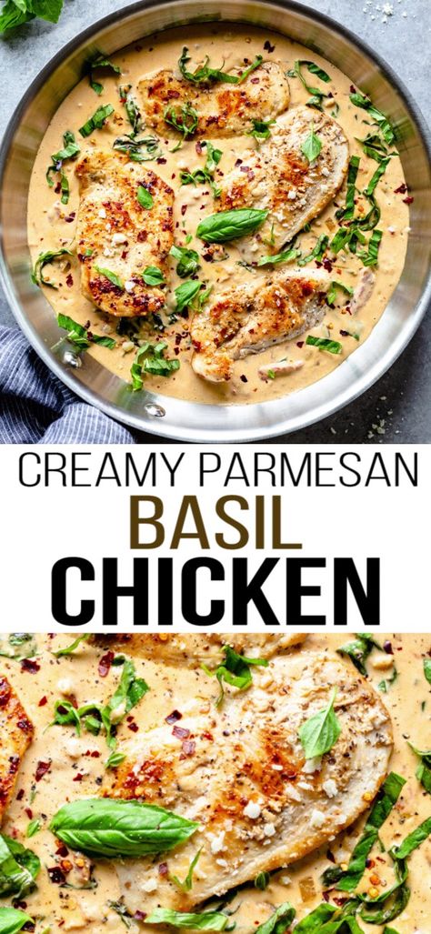 Basil Chicken Recipe, Quick Chicken Breast Recipes, Chicken Breast Recipe, Basil Recipes, One Pan Chicken, Creamy Parmesan, Basil Chicken, Quick Chicken, Chicken Dish