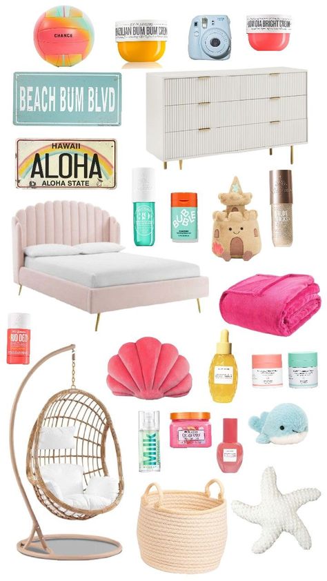 aesthetic trendy summer teen girl pink yellow blue sol de janerio beach Hawaii mood board inspo Pink And Blue Beach Room, Blue Beach Theme Bedroom, Hawaii Room Aesthetic, Aesthetic Summer Room, Pink Beach Room, Teen Beach Room, Beach Bedroom Girls, Girls Beach Theme Bedroom, Ellie Art