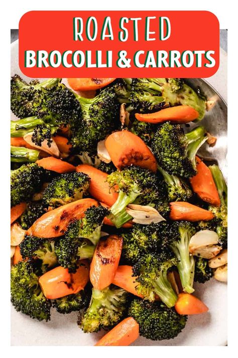 Roasted broccoli and carrots is a one pan side dish that's simple to make and results in tender, delicious vegetables. This recipe only requires a few ingredients, and it's perfect for busy weeknights. All you need is fresh broccoli, carrots. garlic, olive oil, salt and pepper. This side dish is full of vitamins and loaded with fiber 😋 Broccoli And Carrots Side Dishes, Broccoli And Carrot Recipes, Roasted Broccoli And Carrots, Roast Frozen Broccoli, Broccoli And Carrots, Gluten Free Vegetables, Pan Recipe, Healthy Side Dish, Garlic Olive Oil