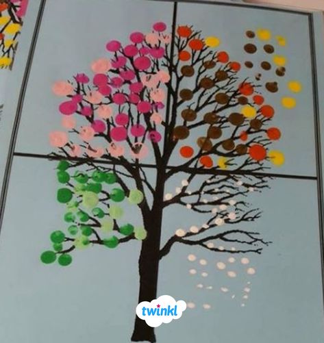 We love this finger painting idea. Children, and adults as a mindfulness activity, can use their fingers to paint the changing leaves on a tree as it passes through the seasons. This is such a clever and colourful way to learn about the topic. Sign up to Twinkl to discover thousands more teaching ideas.   #fingerpainting #seasonal #seasons #tree #nature #art #paint #changes #autumn #winter #spring #summer #twinkl #twinklresources #teacher #parents #mindfulness #painting Seasons Art Grade 1, Seasons Project For Preschool, Preschool Calendar Craft, Tree Seasons Craft, Trees In Different Seasons, 4 Seasons Art For Kids, 4 Seasons Craft Preschool, Seasons Art Preschool, Changing Seasons Art