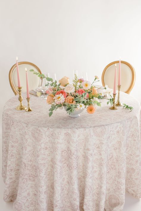 Pattern Linens Wedding, Patterned Tablecloth Wedding, Peach Tablecloth Wedding, Patterned Wedding Table Linens, Wedding Pink Tablecloth, Pink And Gold Color Palette, Pastel Floral Table Cloth, Linen Tablecloth Pink, Spring Shoot