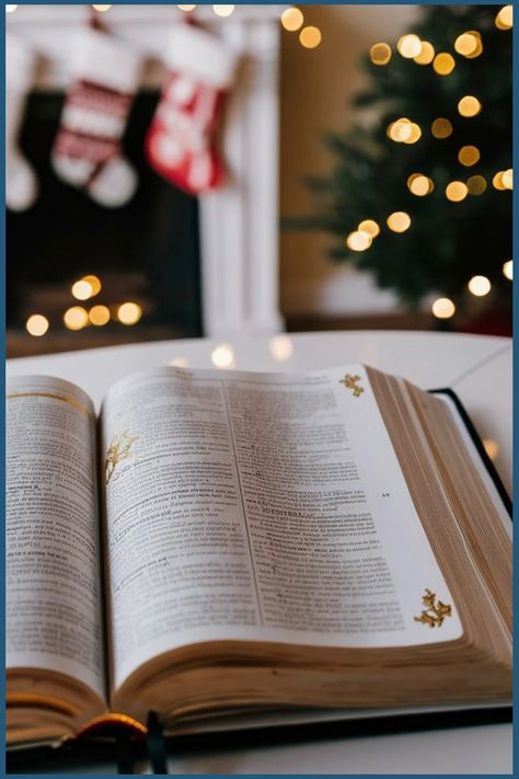 Open Bible on a table with a blurred Christmas tree and stockings in the background. Bible Quotes Christmas, Christian Christmas Aesthetic, Christmas Bible Quotes, Inspiring Bible Quotes, Uplifting Bible Quotes, Bible Christmas, Bible Decor, Christmas Bible Verse, Christmas Christian