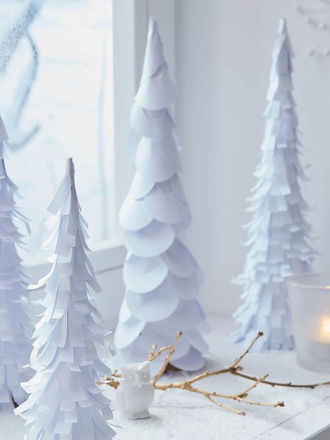 DIY Paper Trees - tesa How To Make Paper Trees Diy Crafts, Coffee Filter Tree, White Paper Christmas Tree, Cardboard Trees Diy How To Make, Diy Paper Trees Christmas, Diy Snow Tree, Paper Forest Trees, Twisted Paper Tree Diy, Paper Christmas Tree Wall