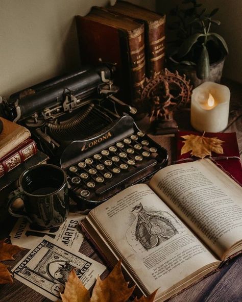 Typewriter, Dark Academia, Old Fashioned, Candles, Books