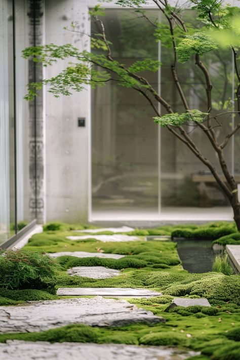 15 Tips for Designing Courtyard Gardens in Modern Japanese-Style Homes – Everyday Inspo Moss Garden Outdoor, Organic Pools, Zen Landscaping, Zen Balcony, Japanese Courtyard Garden, Japanese Garden Backyard, Japanese Courtyard, Modern Japanese Garden, Wellness Experience