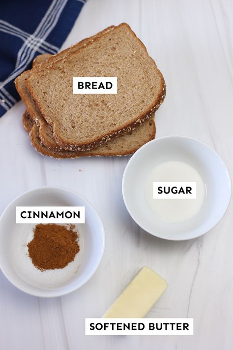 Labeled ingredients for cinnamon toast. Cinnamon Toast Recipe Easy, How To Make Cinnamon Toast, Homemade Cinnamon Toast, Cinnamon Sugar Toast, Bread Soft, Toast In The Oven, Cinnamon Toast, Home Economics, Oven Racks