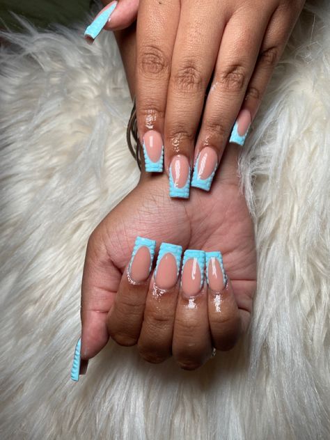 Blue Croc Nail Design, Short Crocodile French Tip Nails, Croc Style Nails, Light Blue Croc Nails, Croc Print French Tip Nails Short, Blue Croc French Tip Nails, Cyan French Tip Nails, Blue Croc Print Nails, Croc Nails Pink