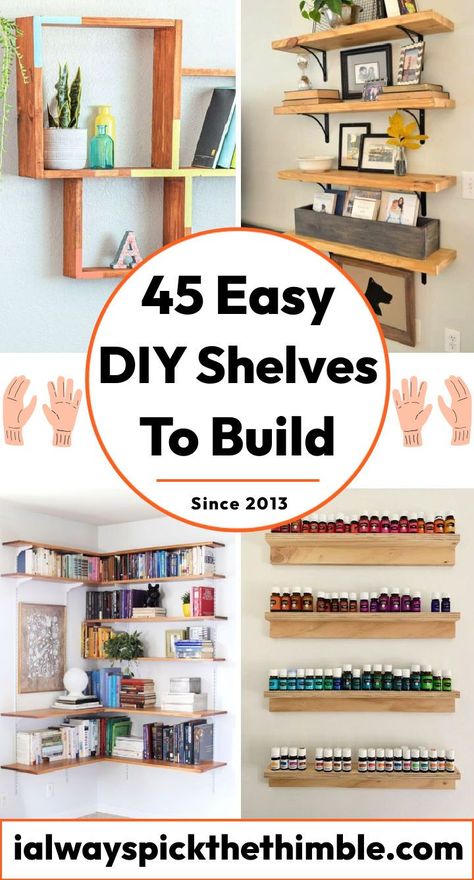 Wooden Floating Shelves Corner, Wooden Wall Shelves Bedroom, Diy Narrow Wall Shelf, Cool Diy Shelves, Diy Wall Shelf For Books, Build Wall Shelves, Cheap Floating Shelves Diy, Living Room Wall Shelving, Diy Wooden Wall Shelves