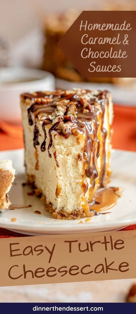 Turtle Cheesecake is a decadent creamy cheesecake recipe layered with homemade chocolate ganache, caramel sauce and chopped pecans! Turtle Topping For Cheesecake, Cheesecake With Caramel Topping, Philadelphia Oreo Cheesecake, Chocolate Caramel Pecan Cheesecake, Easy Baked Cheesecake Recipes Simple, Chocolate Caramel Cheesecake Recipe, Decadent Cheesecake Recipes, Cheesecake Recipes Turtle, Turtle Caramel Cake